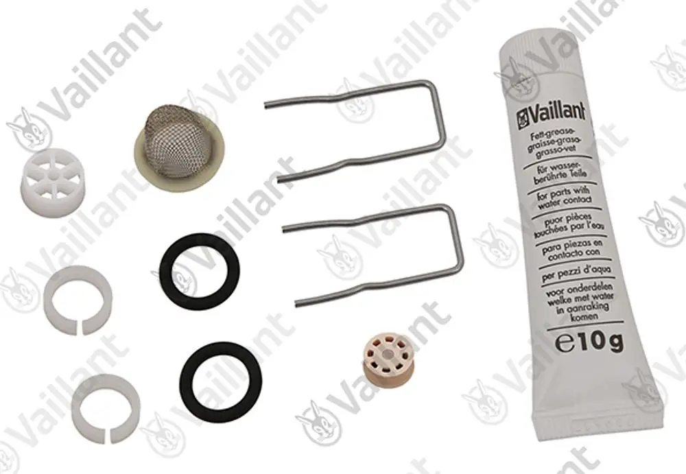 Vaillant-Zubehörset mit verschiedenen Dichtungen, Wasserteilern, einer Fette Tube und Metallhaltern, geeignet für Wasseranwendungen.